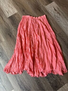 Savannah Coral Pink 100% Silk Crinkle Maxi Skirt - M